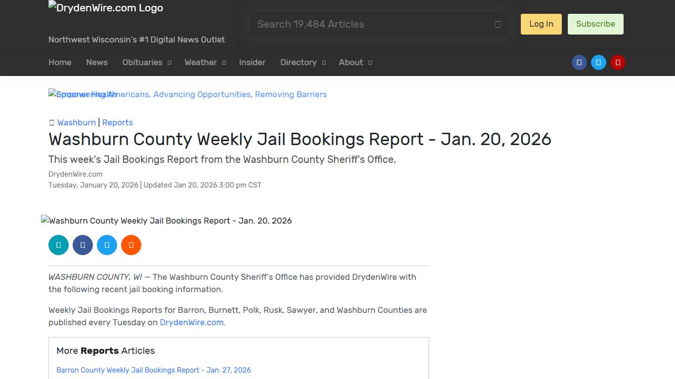 Washburn County Weekly Jail Bookings Report - Jan. 20, 2026 Recent News DrydenWire.com