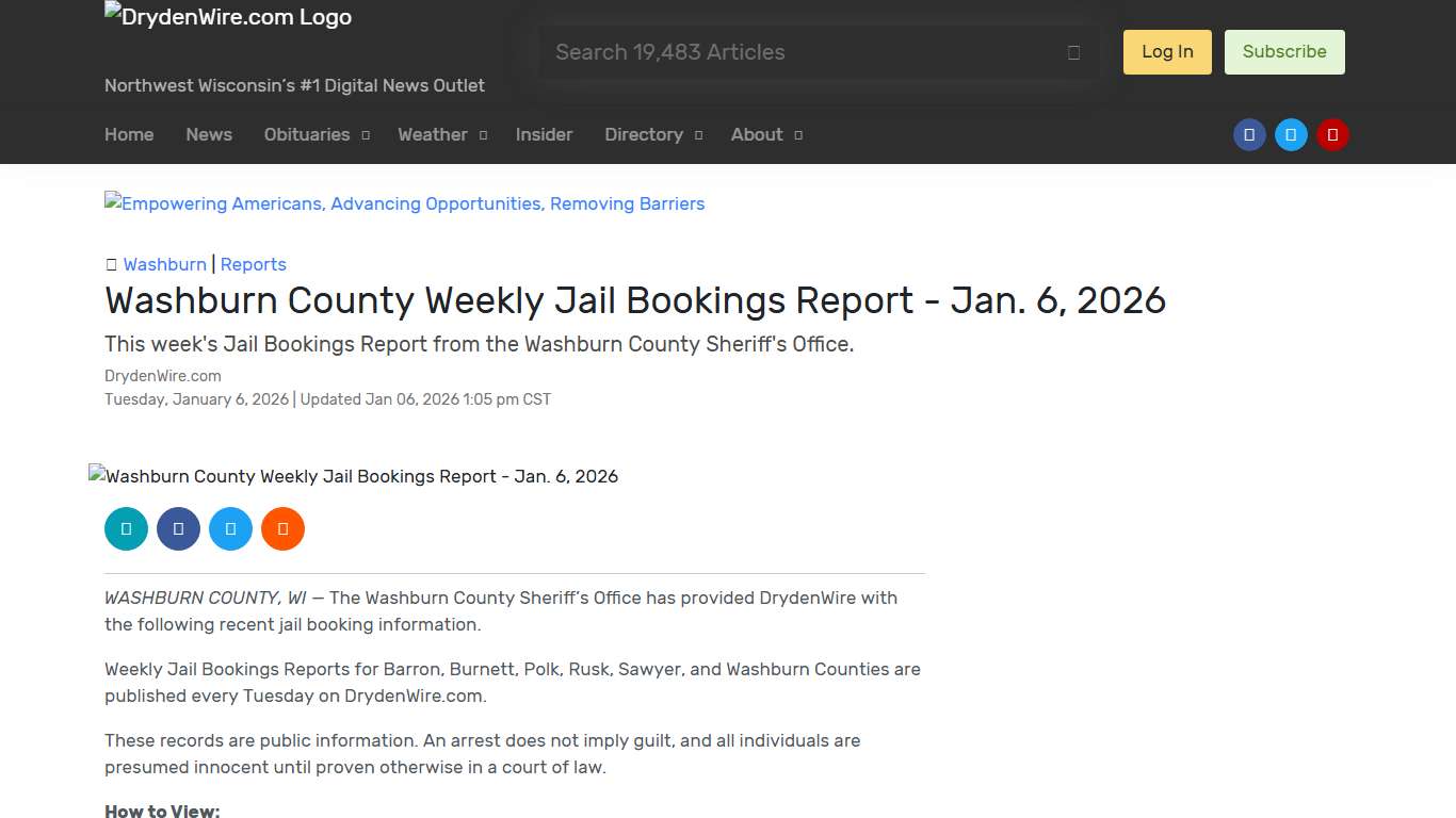 Washburn County Weekly Jail Bookings Report - Jan. 6, 2026 Recent News DrydenWire.com